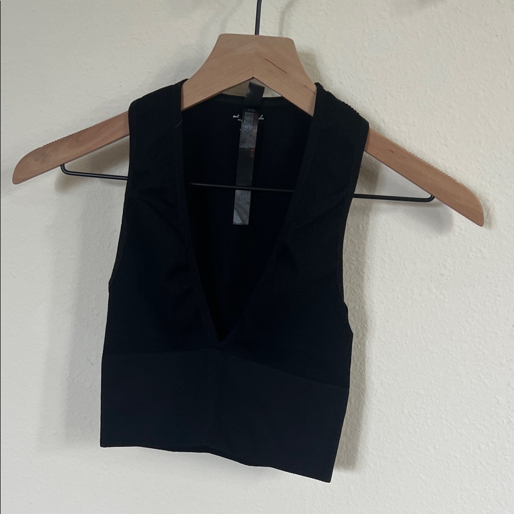 Urban Outfitters Black Fitted, Ribbed Deep V Crop Tank Top Out From Under